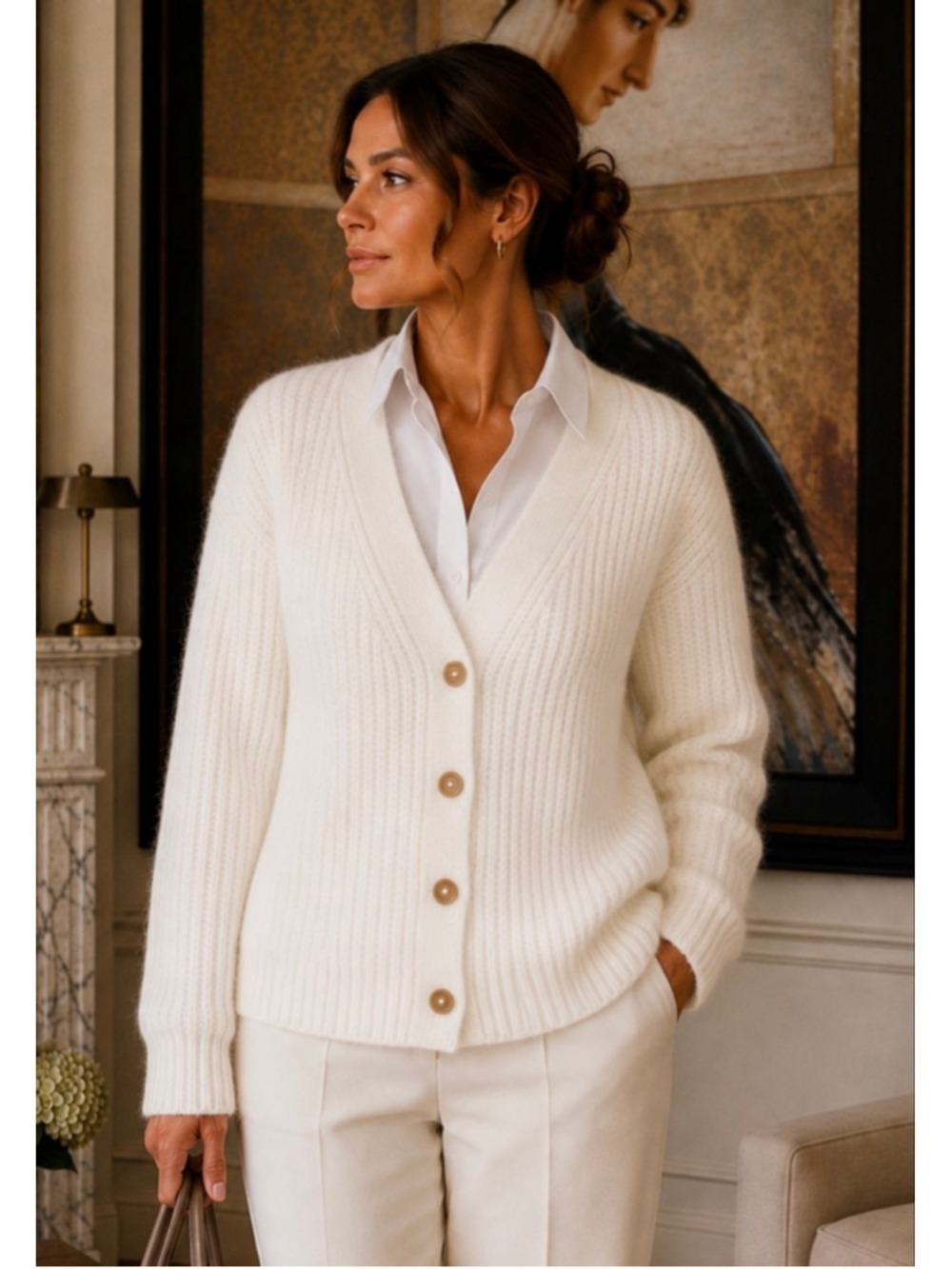 Women's Jenni Kayne Cream Baby Alpaca Blend Ribbed Cardigan XXS-Fits up to M - Picture 2 of 5